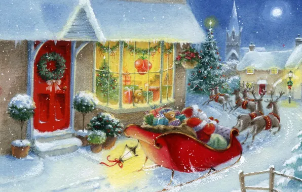 Картинка зима, снег, игрушки, елка, новый год, дома, подарки, дед мороз