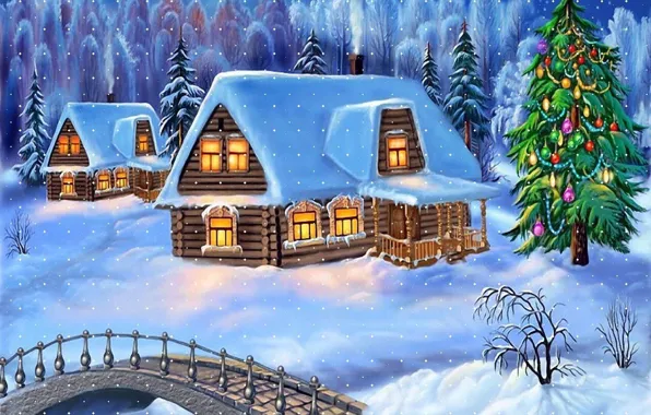 Картинка зима, снег, домик, ёлка, мостик