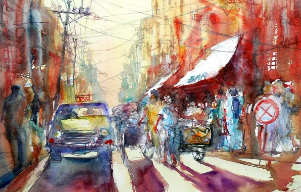Картинка taxi, painting, watercolor, akvarel