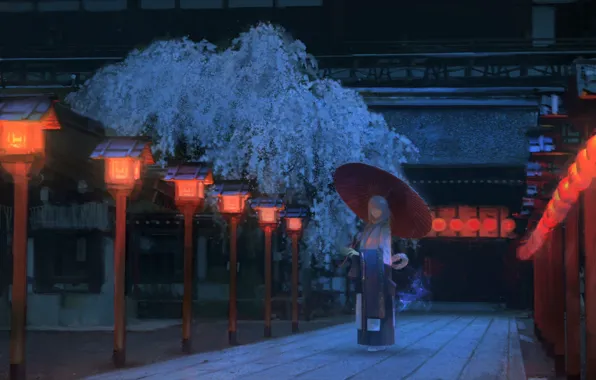 Картинка девушка, ночь, Япония, сакура, дорожка, японская одежда, красные фонари, деревянный дом