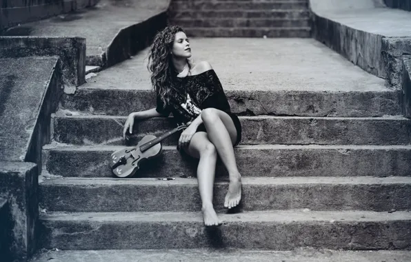 Music, girl, legs, hair, violin, stairs