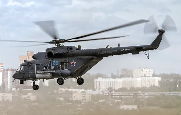 Картинка вертолёт, летит, Ми-8, Mi-8, ВВС России, Ми-8АМТШ, `Terminator`, Mil Mi-8AMTSh `Terminator`