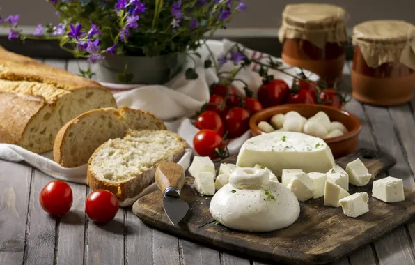 Цветы, стол, кубики, доски, полотенце, букет, сыр, хлеб