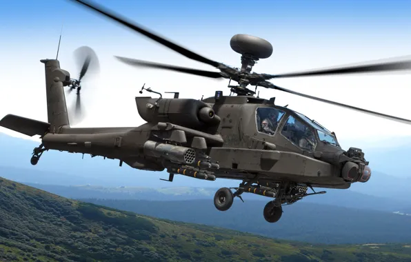 Картинка небо, горы, вертолет, полёт, Apache, AH-64D, ударный, Longbow