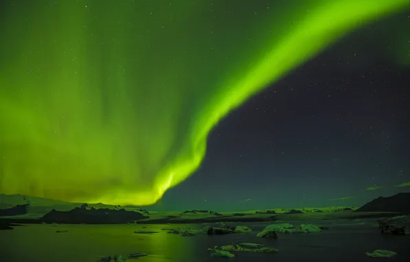 Картинка sea, hills, northern lights, aurora borealis, ice floes