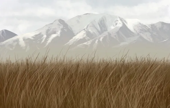 Картинка трава, снег, горы, вершины, арт, гряда