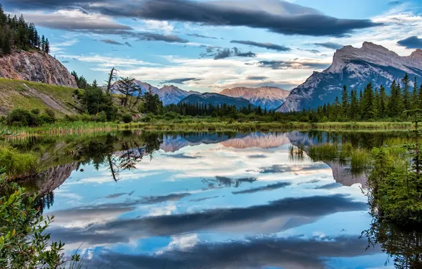 Облака, деревья, горы, озеро, отражение, Канада, Banff National Park, Canada