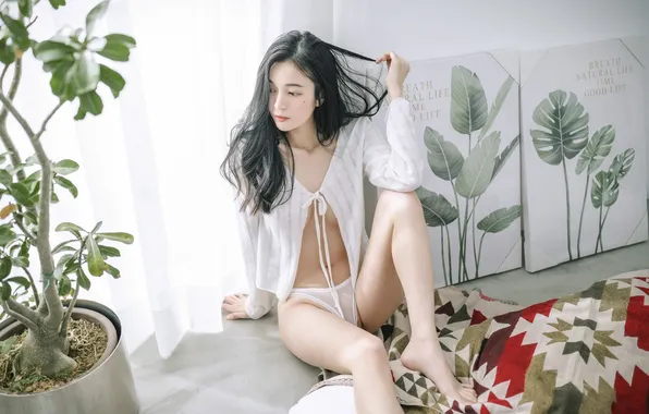 Beautiful, Asian, Model, Woman, Cute, Pretty, Sitting, Pot