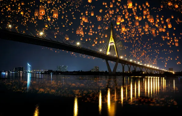 Картинка ночь, мост, city, город, lights, огни, отражение, река