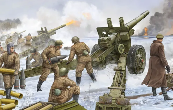 Картинка рисунок, солдаты, Великая Отечественная война, Гаубица, Красная Армия
