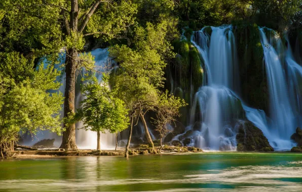 Картинка деревья, река, водопад, Босния и Герцеговина, Bosnia and Herzegovina, Kravice Falls, Trebizat river