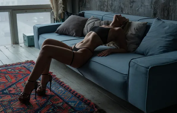 Lingerie, ass, bra, panties, model, women, blonde, couch