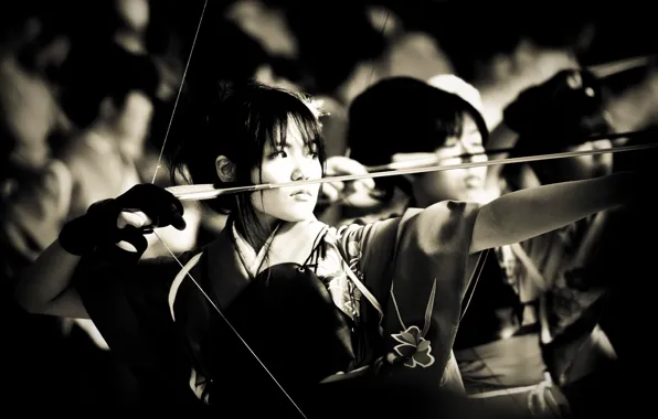 Картинка девушка, лук, лучница, стрела, японская, прицеливание