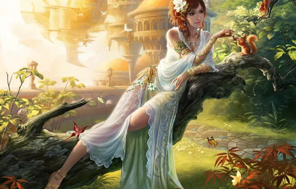 Картинка девушка, украшения, бабочки, цветы, город, ягоды, дерево, сад