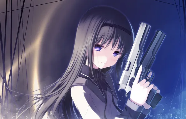 Картинка глаза, лицо, оружие, волосы, пистолеты, девочка, Madoka Magica, Homura Akemi аниме
