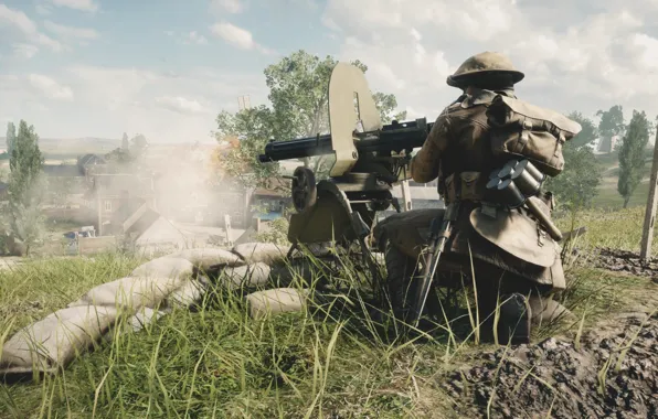 Картинка война, игра, солдат, пулемет, сражение, обстрел, Electronic Arts, Battlefield 1