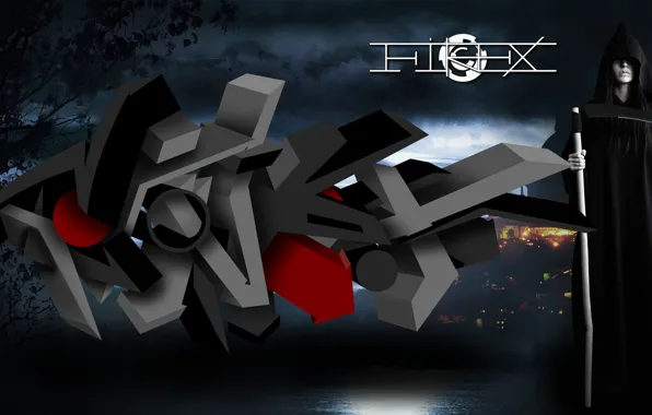 Девушка, ночь, надпись, логотип, Graffiti, смерть с косой, firex