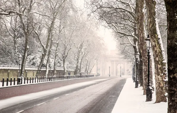 Картинка зима, дорога, снег, деревья, Англия, Лондон, фонари, London