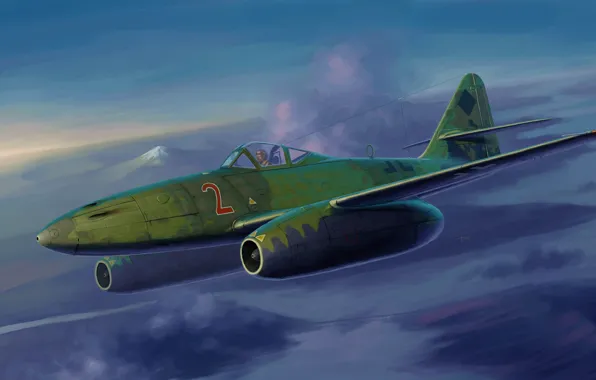 Картинка небо, рисунок, истребитель, Messerschmitt, реактивный, Вторая мировая война, немецкий, Me.262 A-1a