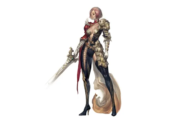 Картинка girl, sword, fantasy, cleavage, armor, minimalism, weapon, breast