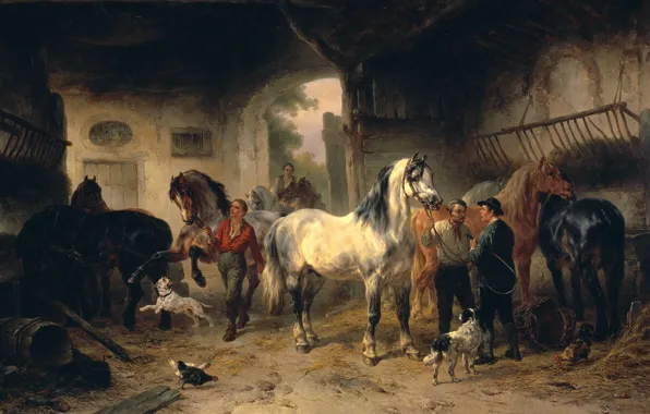 Масло, картина, холст, Интерьер Сарая с Лошадьми и Людьми, Wouterus Verschuur