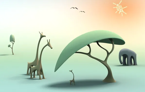 Картинка солнце, дерево, слон, жираф