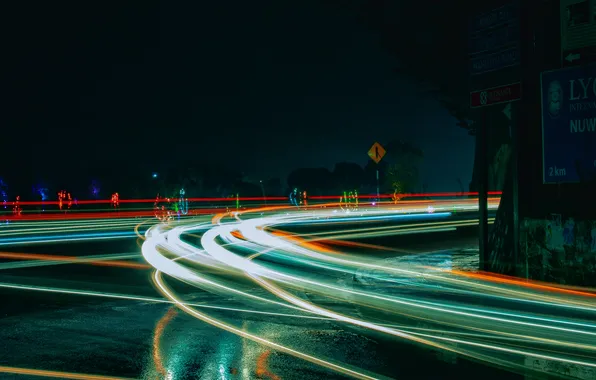 Дорога, ночь, шоссе, road, night, highway, headlights, огни фар