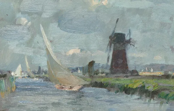 Пейзаж, лодка, картина, парус, ветряная мельница, Эдуард Сиго, Breezy Day on the Ant. Norfolk