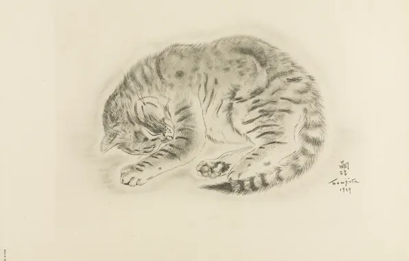 Картинка 1929, спящий кот, Цугухару, Фудзита, Книга Кошек, японский иероглиф