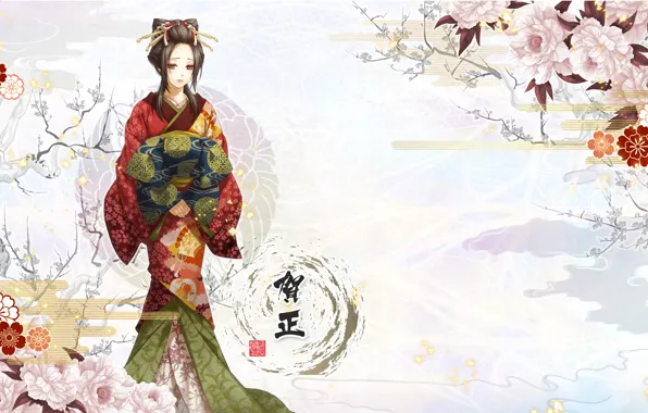 Картинка девушка, цветы, иероглифы, кимоно, Hakuouki, Yukimura Chizuru