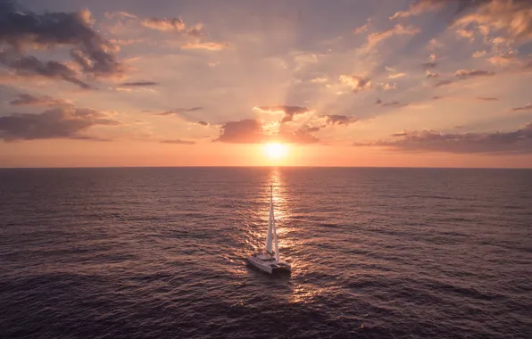 Море, закат, путь, вечер, яхта, паруса, Carribean, Catamaran Sailing