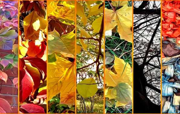Осень, листья, деревья, ветки, природа, рендеринг, коллаж, опилки на газоне