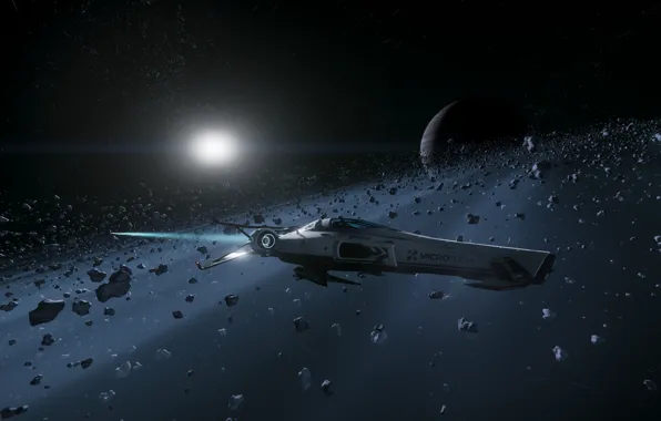 Солнце, космос, фантастика, корабль, планета, метеорит, star citizen