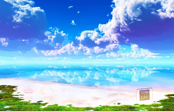 Картинка море, пляж, небо, облака, пейзаж, гладь, отражение, табличка