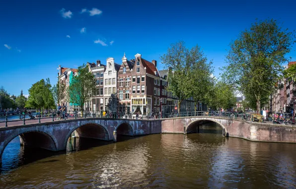 Картинка лето, небо, деревья, мост, велосипед, люди, дома, Амстердам