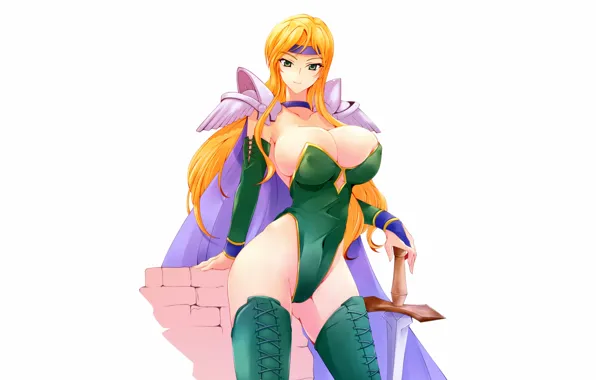 Girl, sword, sexy, Final Fantasy, thighhighs, erect nipples, green eyes, long hair