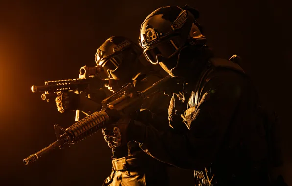 Оружие, фон, маска, очки, солдаты, перчатки, шлем, форма