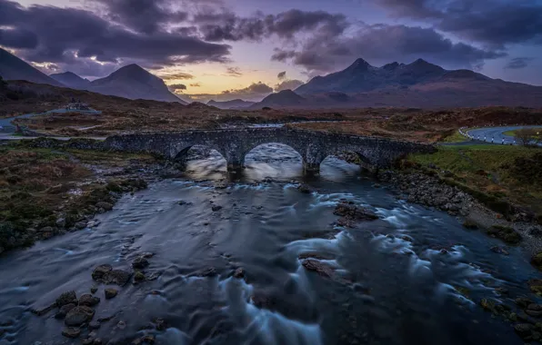 Горы, мост, река, Шотландия, Scotland, Isle of Skye, Остров Скай, Cuillin Mountains