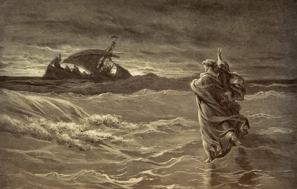 Картинка волны, корабль, чудо, jesus walks on water, konrad witz