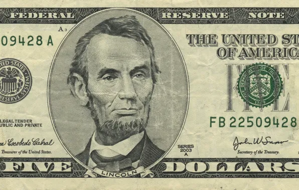 Lincoln, note, five, dollar, united, reserve, dolar