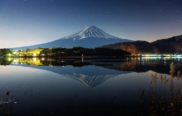 Картинка зима, отражения, ночь, озеро, река, гора, Япония, Фудзияма