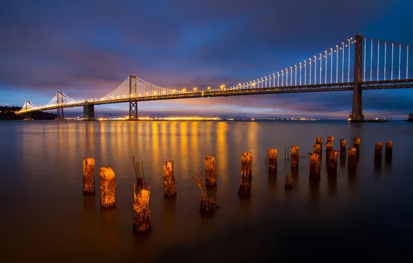 Картинка закат, мост, огни, вечер, порт, Калифорния, залив, Сан-Франциско