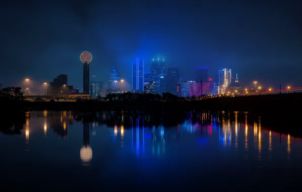 Ночь, город, панорама, Даллас, Техас, огни большого города
