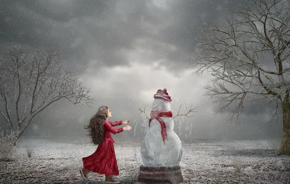 Картинка зима, девочка, снеговик