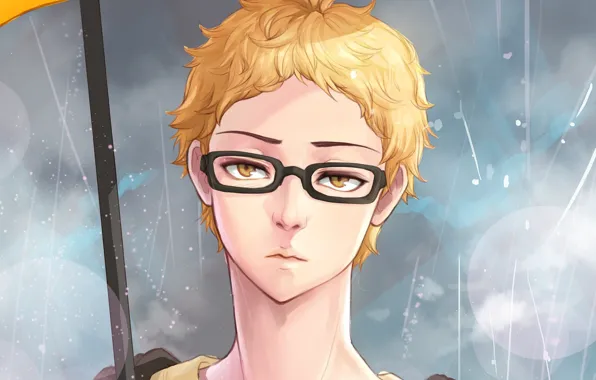 Зонт, очки, парень, Волейбол, Haikyuu, Тсукишима Кей