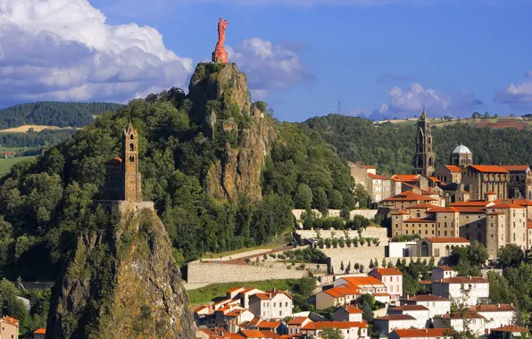 Пейзаж, горы, Франция, здания, статуя, France, Le Puy-en-Velay