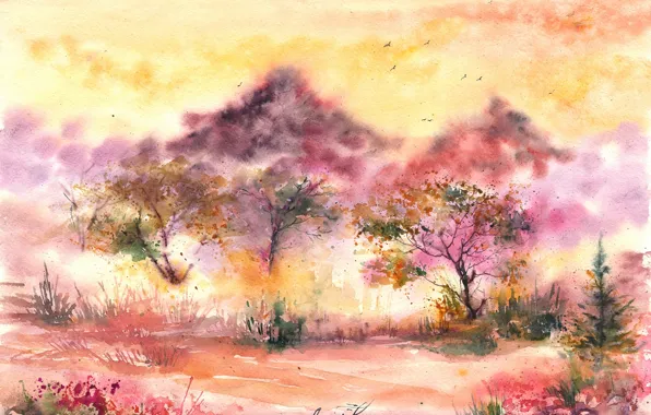 Картинка трава, деревья, птицы, листва, акварель, нарисованный пейзаж