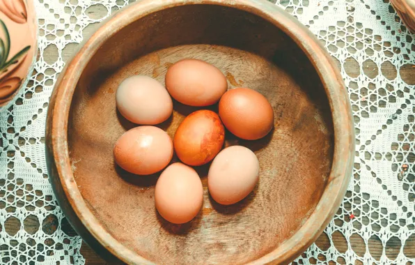 Стол, праздник, узор, яйца, весна, Пасха, миска, коричневые