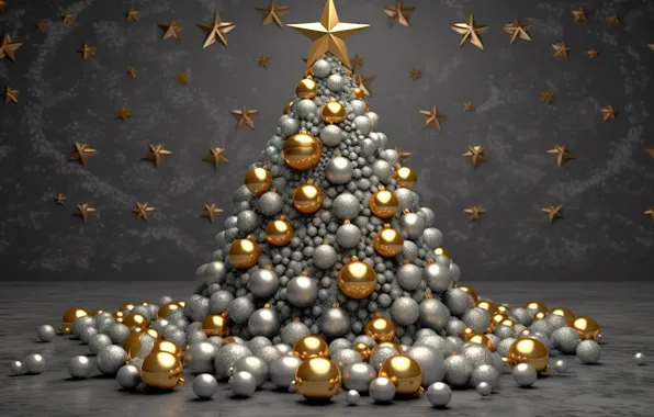 Шары, елка, Новый Год, Рождество, silver, golden, new year, happy