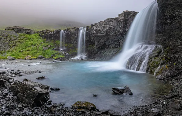 Картинка скала, река, водопады, Исландия, Iceland, Skutafoss, Водопад Скутафосс